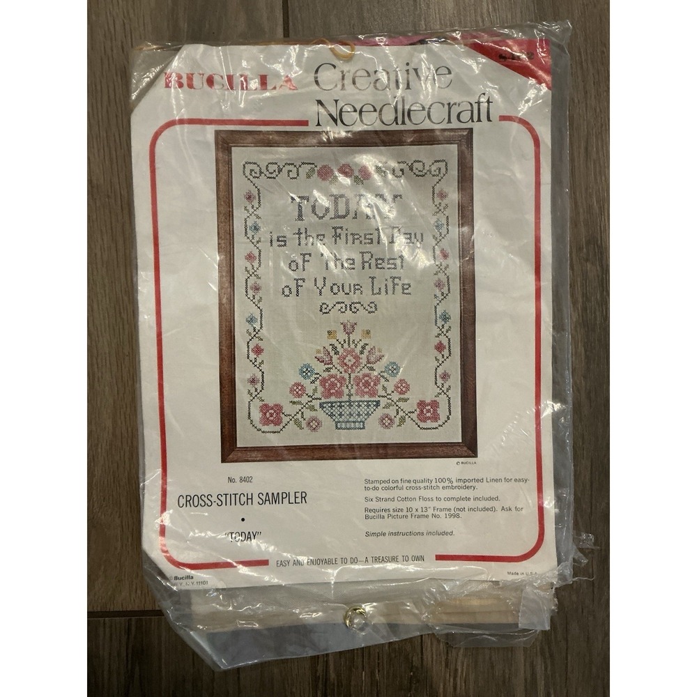 Vtg Bucilla Creative Needlecraft TODAY IS THE FIRST DAY Cross-Stitch Sampler **